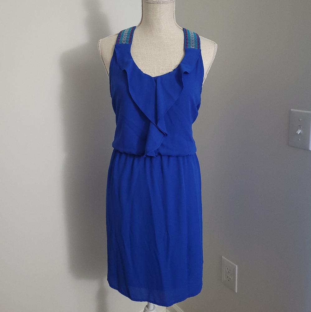 Royal Blue Ruffled Mini Sundress with Scoop Neck for Cocktail